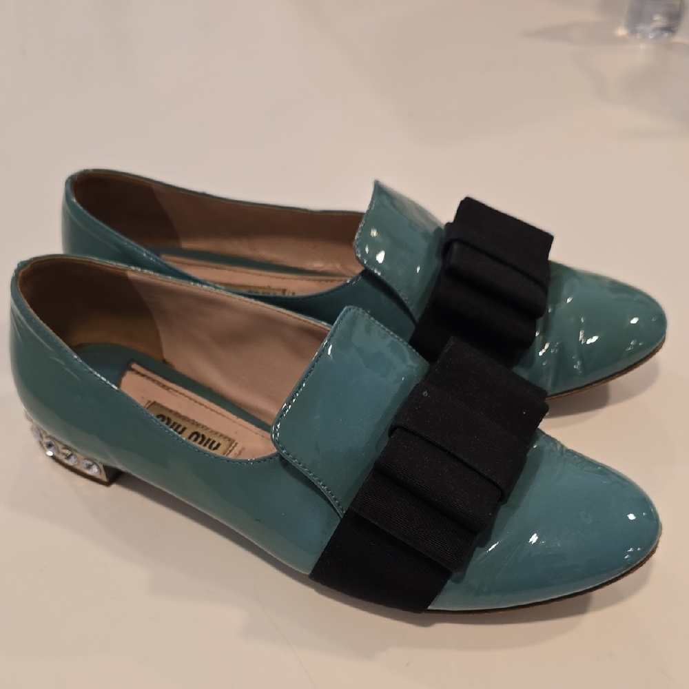 Miu Miu Teal Patent Leather Flats with Black Bow, Size 37.5